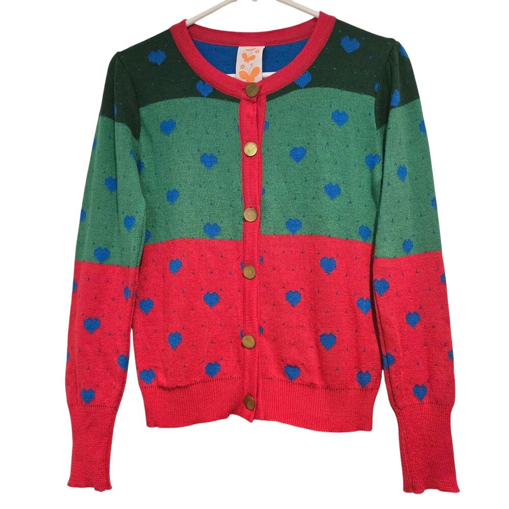 Benito Fernández 100% Wool Heart Cardigan Maximalist Color-Block Knit - Size S - Picture 2 of 8